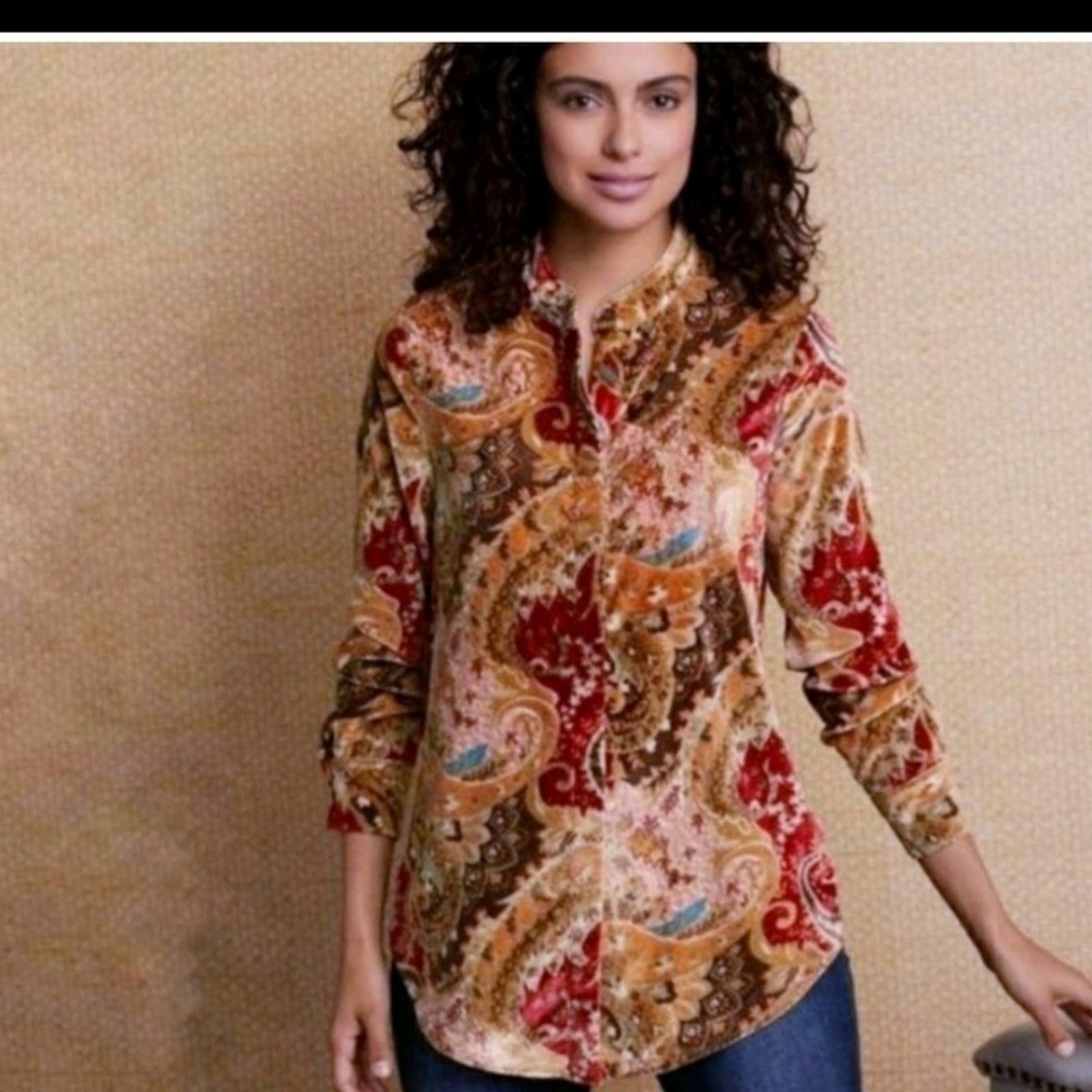 Soft Surroundings Velvet Paisley Button Down Shirt Mandarin Collar Orange Red M